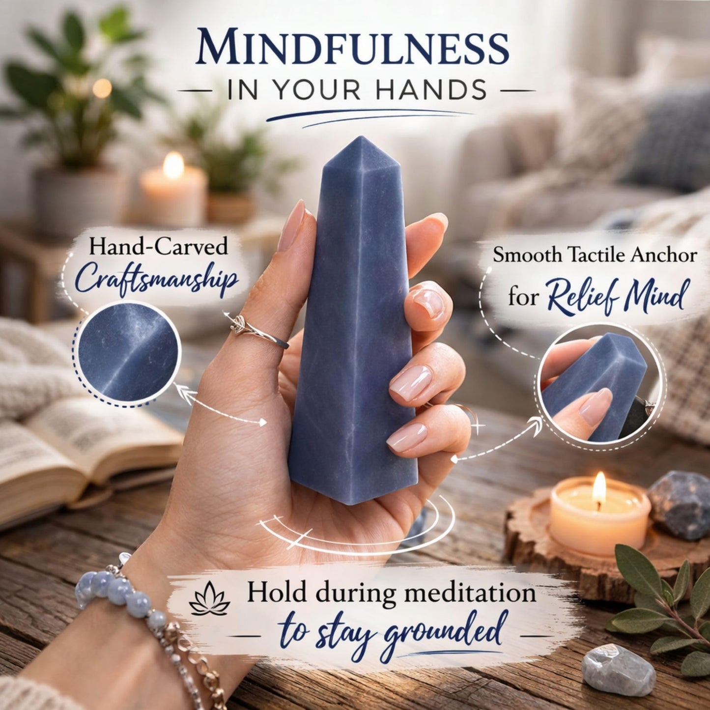 Angelite Crystal Obelisk Tower - Real Crystals for Reiki, Meditation & Throat Chakra Healing - Natural Blue Stone from Peru - Ideal for Calming - Gift for Birthday, Mother's Day (5 to 6 oz)