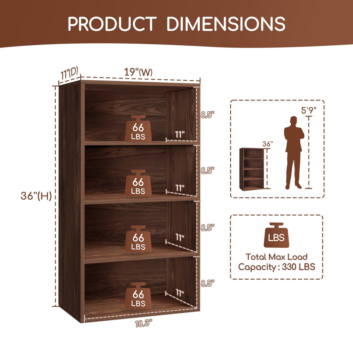 ELYUP Basic Open Shelf Bookcase – 4-Tier Extra Deep Wooden Bookshelf, Storage Shelves with 11-Inch Depth, Black Walnut