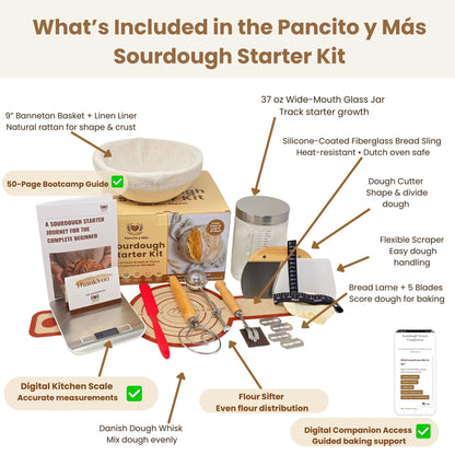Pancito y Más Sourdough Starter Kit with Digital Scale & 37oz Jar – 12-Piece Complete Bread Baking Set for Beginners with Banneton, Bread Sling & Step-by-Step Guide
