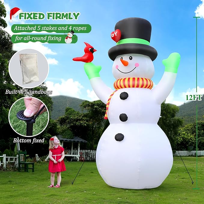 FunFanso 12 FT Christmas Inflatable Snowman with Bird, Blow Up Outdoor Decorations Built-in Bright LED Light, Giant Blow Up Snow Man Wear Magic Hat Holiday Yard Garden Patio Mall Display Hall Decor