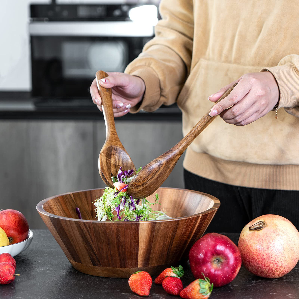 JF JAMES.F Wooden Salad Bowl, 12'' Acacia Wood Large Salad Bowl Set Big Salad Serving Bowl with Serving Utensils
