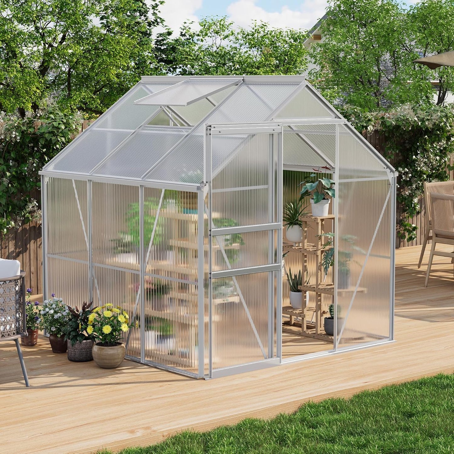 IDEALHOUSE 6x6 ft Polycarbonate Greenhouse with Adjustable Roof Vent, Walk-in Greenhouse for Outdoor Garden Backyard, Heavy Duty Aluminum Frame, 720g/M² PC Panels, Silver