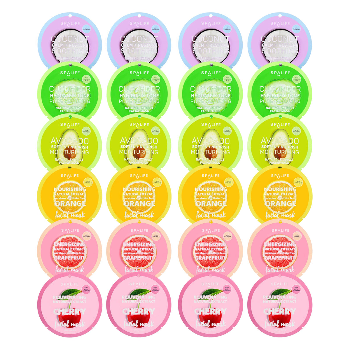 SpaLife Beauty Fruit Facial Sheet Masks 24 Pack – Face Masks Skincare Set – Hydrating Face Masks – 6 Natural Fruit Extract Formulas – Orange, Grapefruit, Coconut, Cherry, Avocado, Cucumber