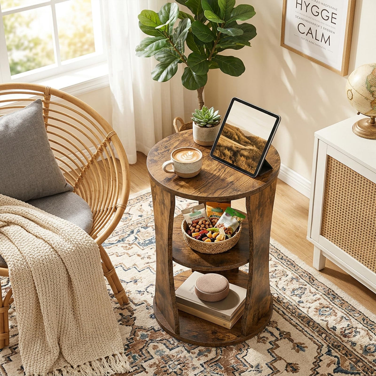 YATINEY Round Side Table, 3-Tier Wooden End Table with Storage Shelves, Drink Table for Small Spaces, Martini Table for Living Room, Bedroom, Rustic Brown ET15WL