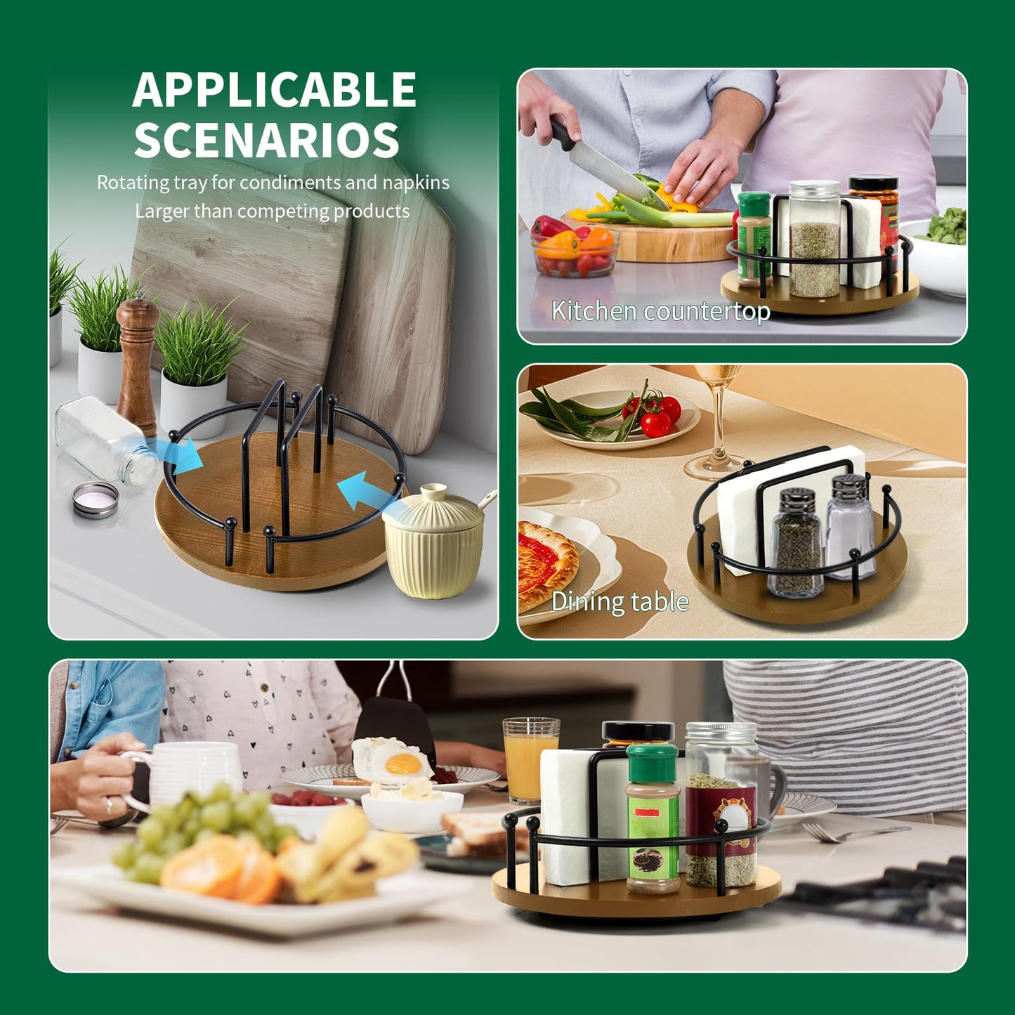 OCMML Napkin Holder for Table,360° Rotating Lazy Susan Turntable Organizer for Cabinet,9 inches Kitchen Table Decor&Counter Tray Can Hold Salt and Pepper Shakers (Walnut Brown)