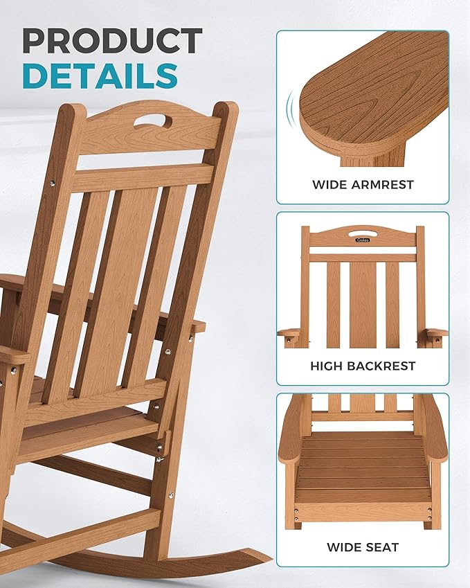 Ciokea Oversized Outdoor Rocking Chairs Set of 3, 380lbs Heavy-Duty Large Patio Rocker, High Back Cozy Porch Chairs, Weather Resistant Patio Rocking Chairs for Outside, Fire Pit, Deck, Teak