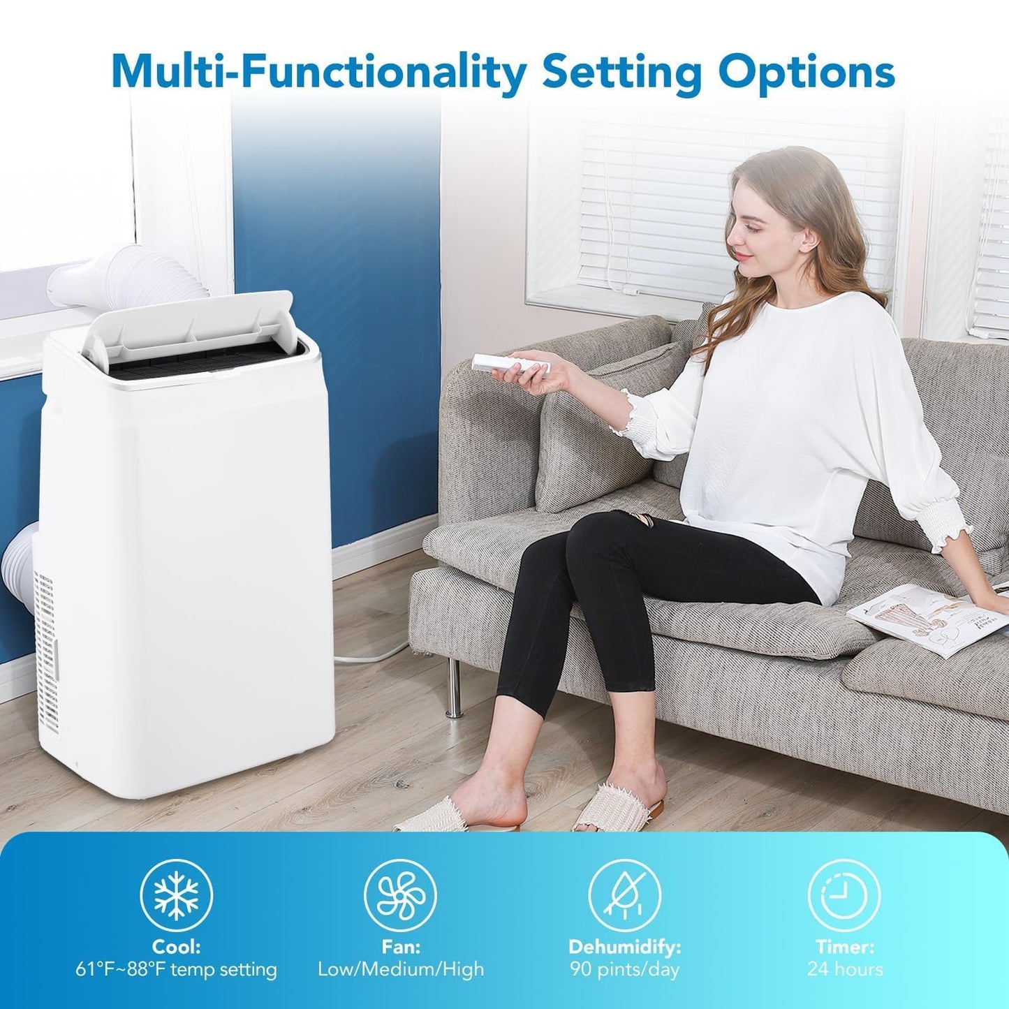 14000 BTU Portable Air Conditioners with Remote Control, 3-in-1 Free Standing Cooling AC Unit with Fan & Dehumidifier, Cools Room up to 750 sq.ft, Smart/Sleep Mode, 3 Speed, Auto Swing, 24H Timer