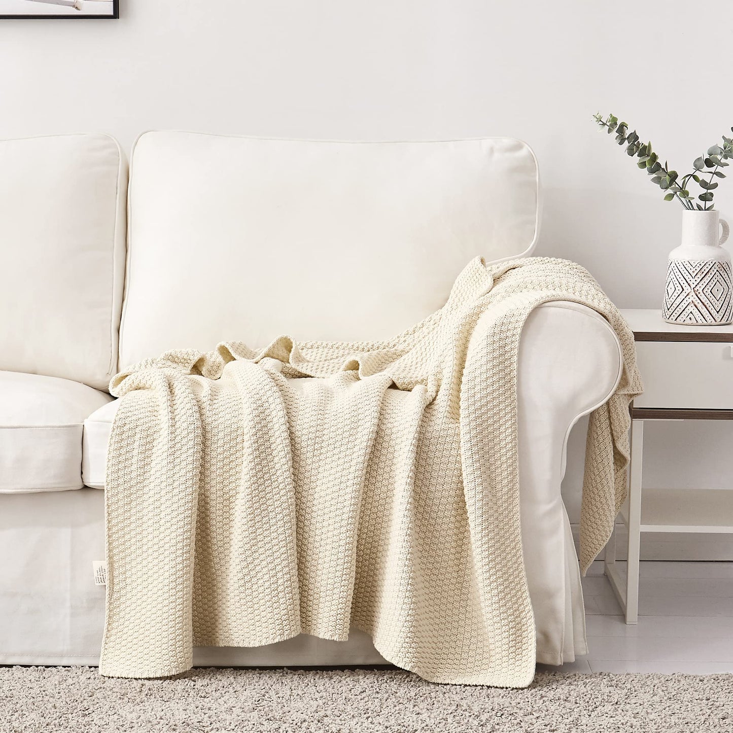 Longhui bedding 100% Cotton Knitted Throw Blanket – Cream, Soft & Cozy, Machine Washable, 60"x80" – Perfect for Living Room, Couch, Sofa, Bed or Travel