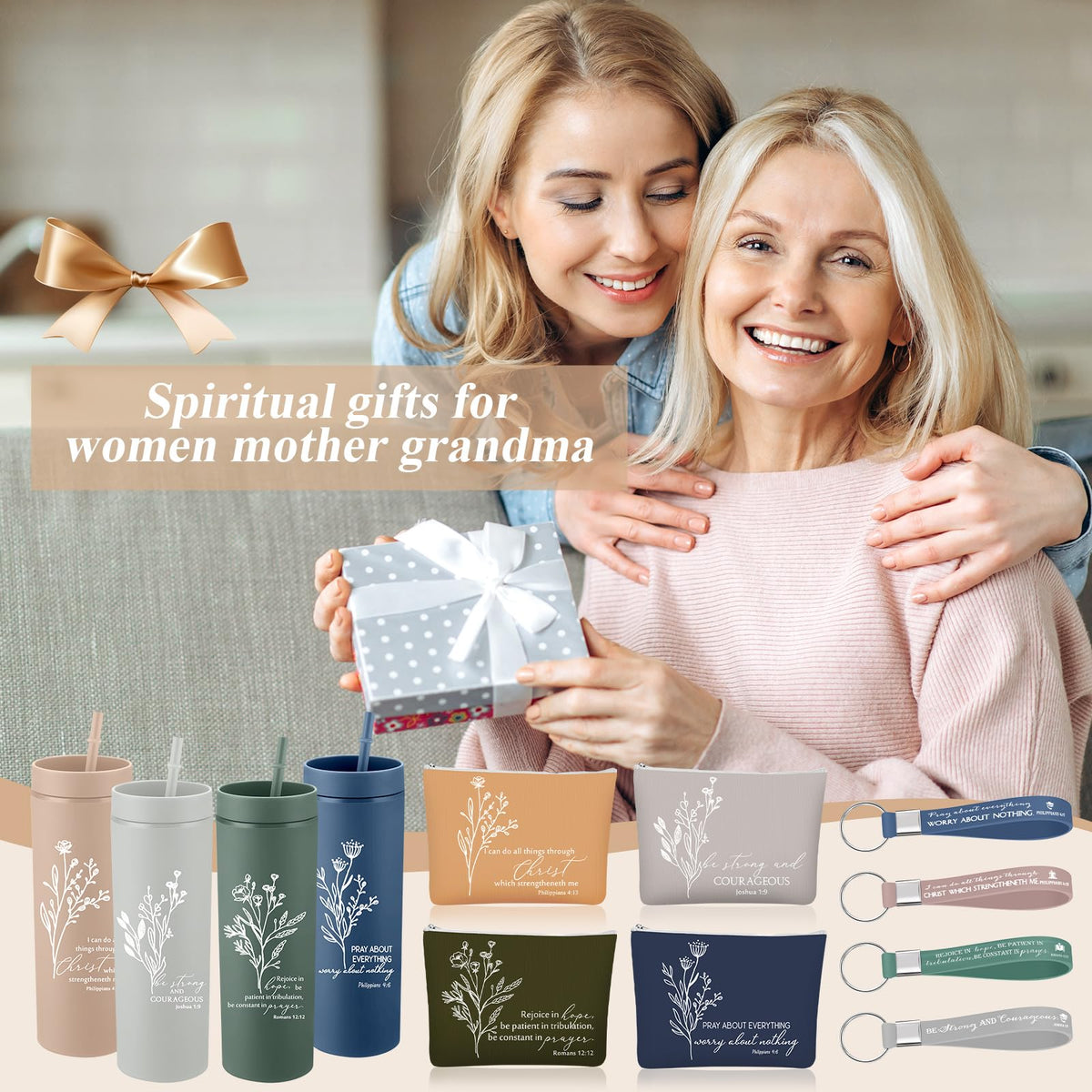 Fumete 4 Set Mothers Day Christian Gifts for Women 16oz Skinny Cup Religious Cosmetic Bag and Bible Verse Keychain Appreciation Church Gifts for Mom Grandma Teacher Dad(Classic Color,Floral)