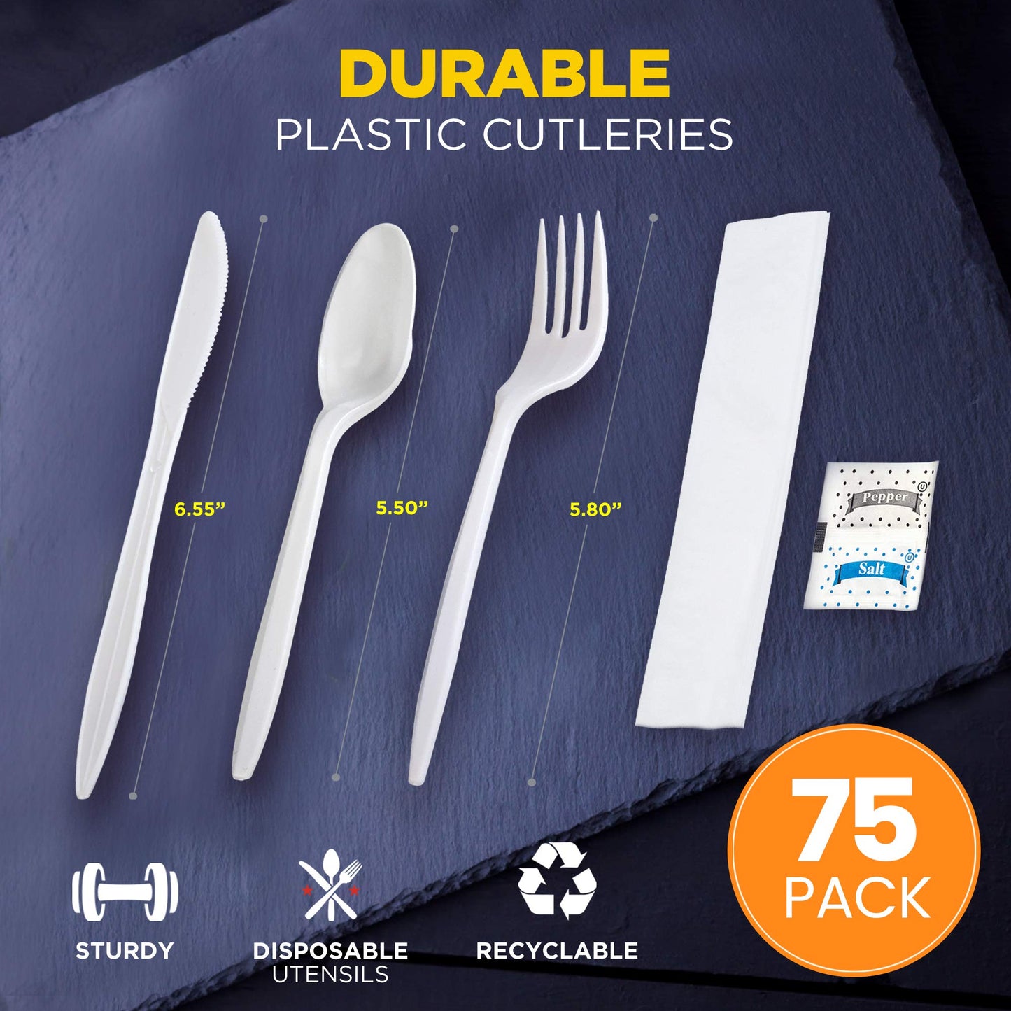 Fit Meal Prep 75 Pack Individually Wrapped Utensils - Prepackaged White Plastic Cutlery Set with Disposable Spoon, Fork, Knife, Napkin, Salt and Pepper Packets - Prewrapped to Go Silverware Utensil