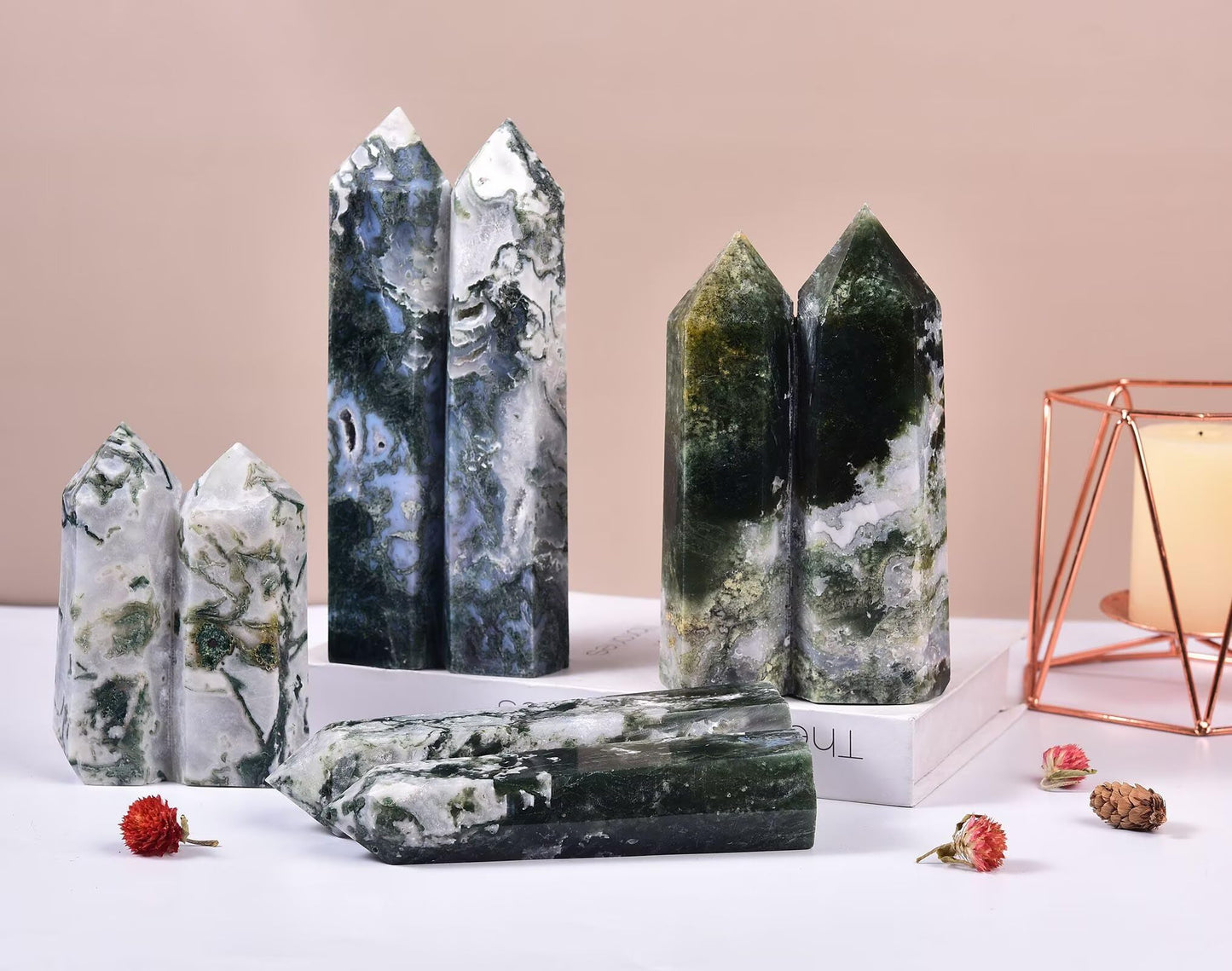 VIZYTOU Large Heaing Crystal Stone Tower Two Pointed Wand Column Moss Agate Obelisk Meditation Stone 1.7-2.2 Pound