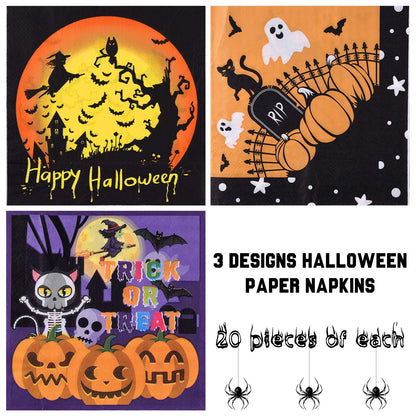 ASTARON 60 Pack Halloween Napkins 13"× 13", Disposable Paper Cocktail Napkins for Halloween Table Decorations Party Supplies