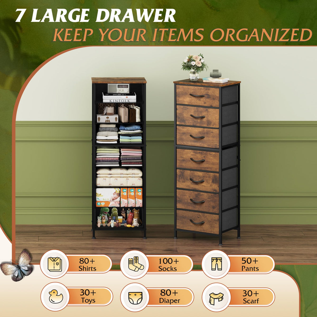 WLIVE Tall Dresser for Bedroom, 7 Drawer Dressers & Chests of Drawers, Fabric Dresser for Closet, Night Stand with Metal Frame, Storage Tower with Fabric Bins, Wood Top, Rustic Brown Wood Grain Print