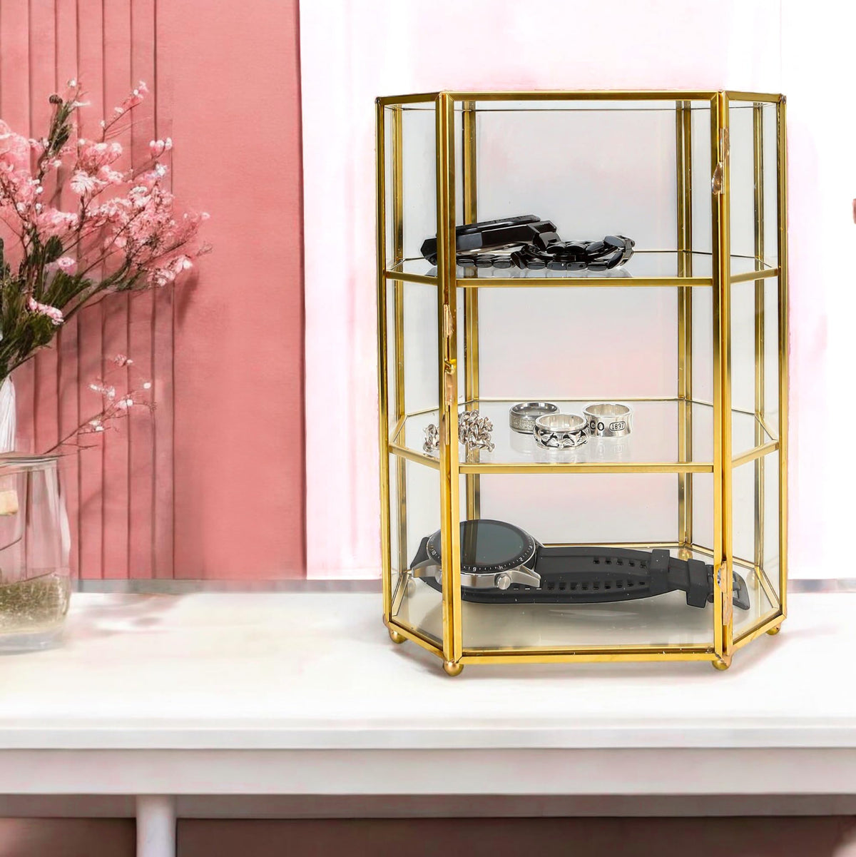 BuleVina Glass Jewelry Display Case 6.7x4x8.4 inches Small Cabinet, 3-Tier Geometric Box Keepsake Trinket for Rings, Earrings, Crystals, Makeup Organizer, Multifunction Table Decoration Storage