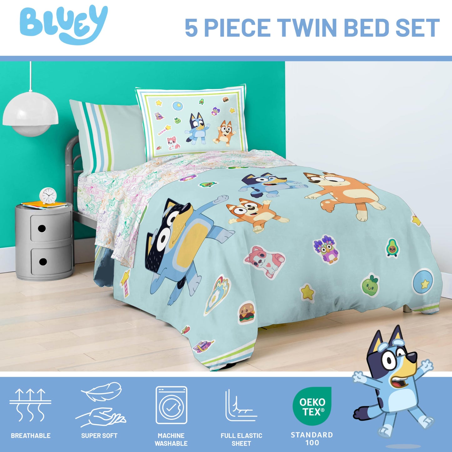 Jay Franco Kids Bed Set, Blue, Bluey, 5 Piece Twin