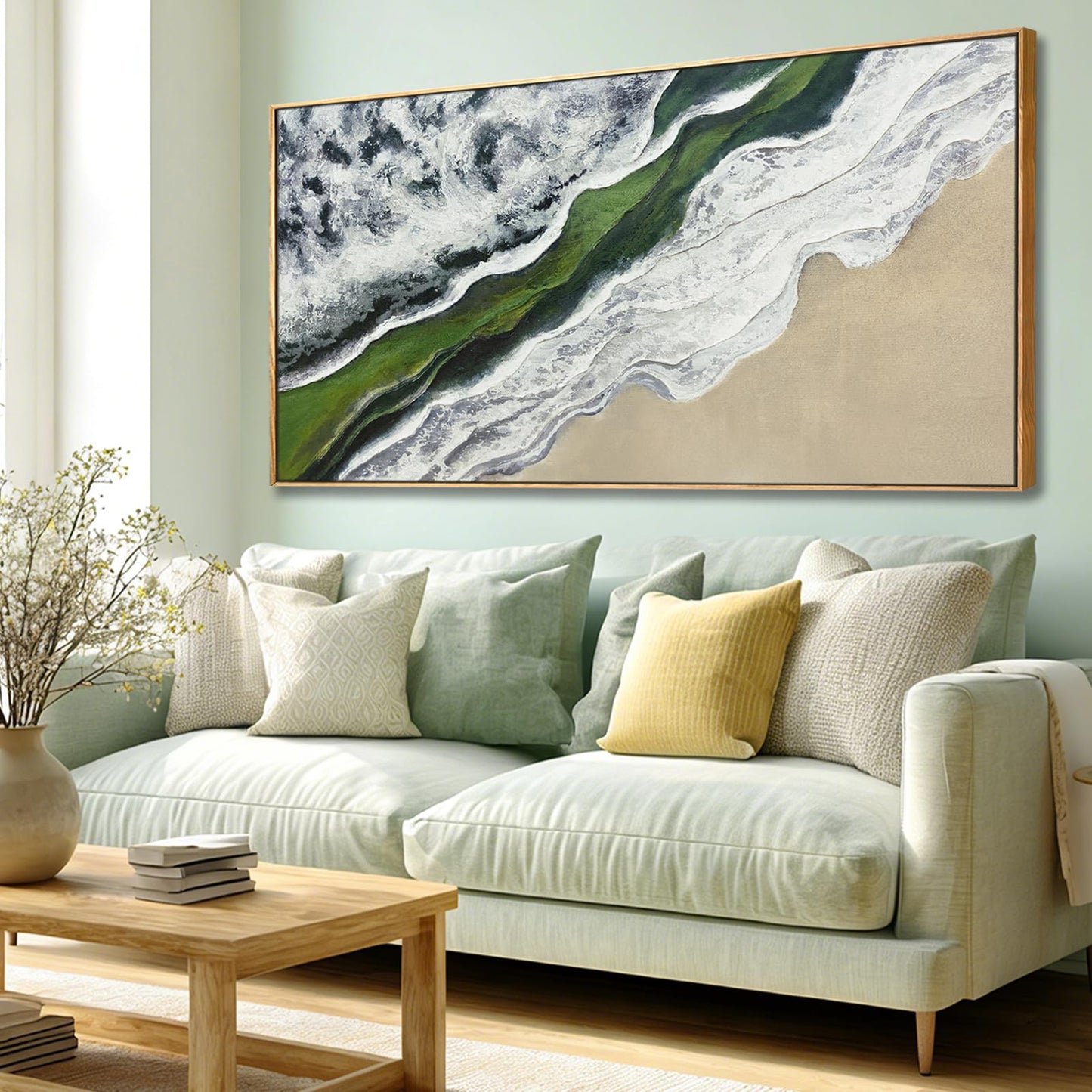 Sage Green Wall Art Abstract White Green Beach Wave Wall Decor Framed Canvas Prints Posters Pictures Artwork 24"x48" Ready to Hang