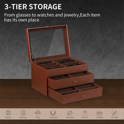 AUTOARK Leather & Velvet Clear Lid 24 Piece Eyeglasses Storage and Sunglass Glasses Display Drawer Lockable Case Organizer,Coffee,MKAW045