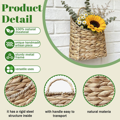 Woven Wall Hanging Basket - Handmade Water Hyacinth Flat Back Basket for Entryway Organizer, Rustic Farmhouse Wall Decor, Gift for Housewarming,Home Storage