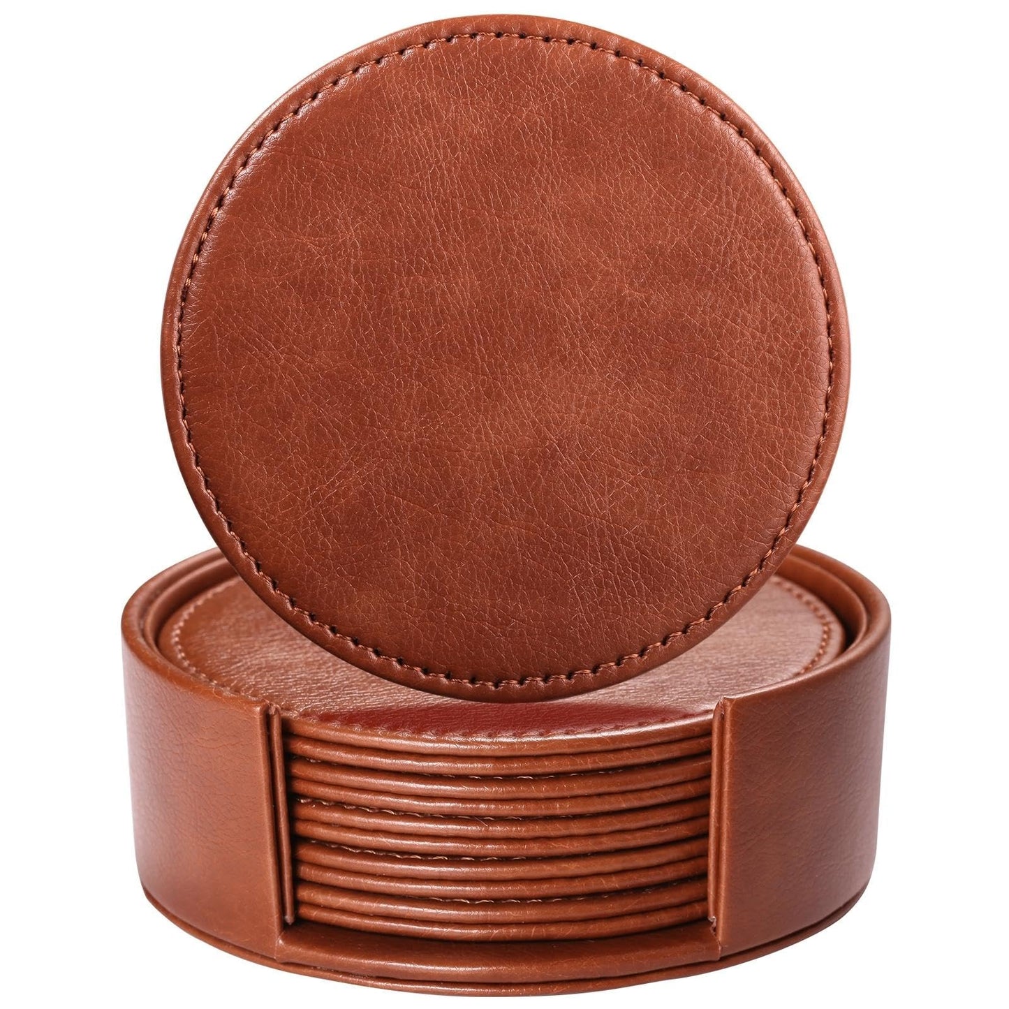 Lorteme Drink Coasters with Holder, 4" Leather Coasters for Drinks Set of 6 for Tabletop Protection, Elegant Home Decor & Handmade Housewarming Gift - Brown