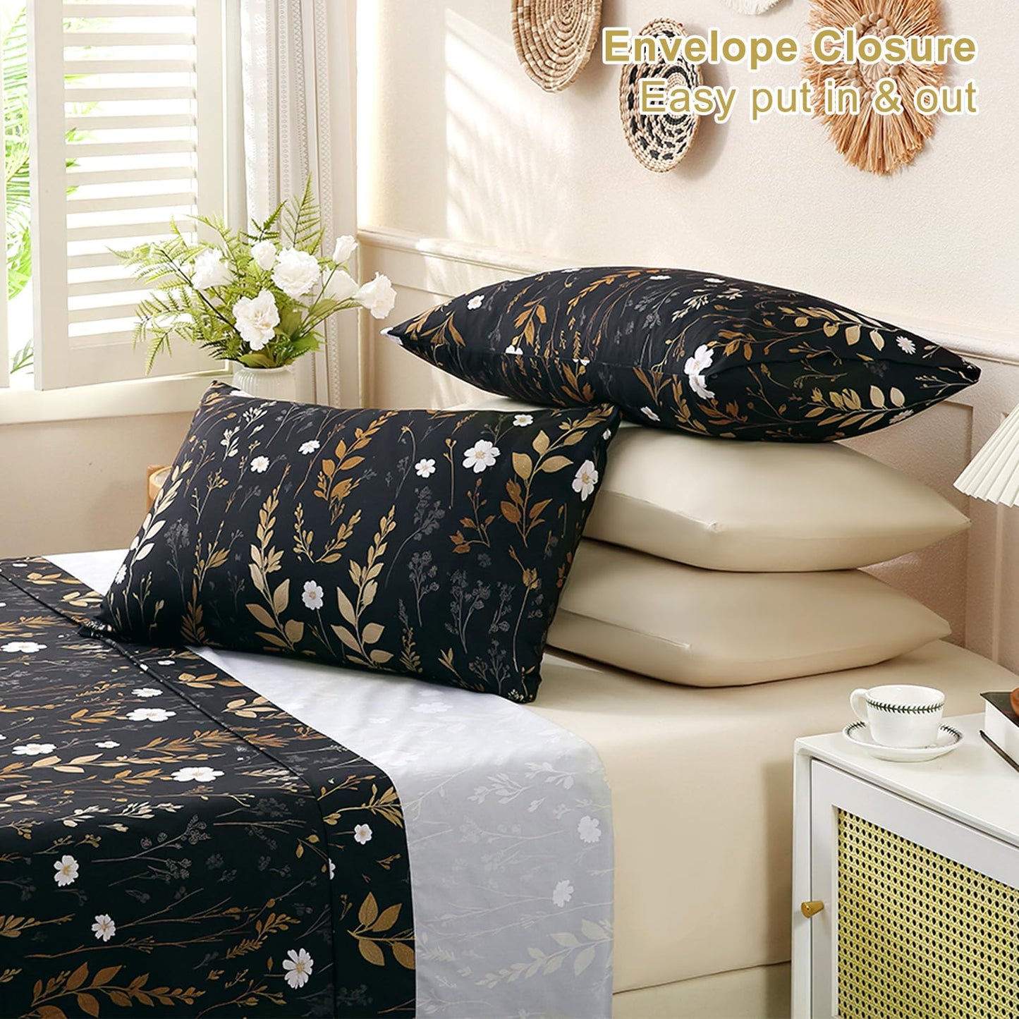 Botanical 6-Piece King Size Sheets Set, Boho Floral Print Brushed Microfiber Sheets, Cooling Bed Sheet Set, Ultra Soft & Breathable, 16' Deep Pocket Fitted Sheet & Pillowcase Set, Beige Brown Leaves