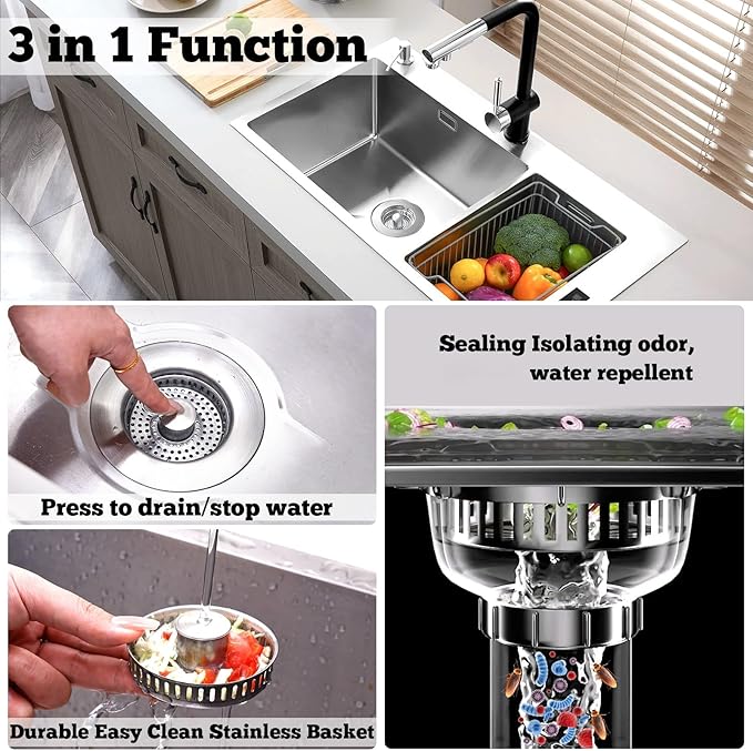 Upgraded 3 in 1 Kitchen Sink Drain Strainer Stopper, Brushed Stainless Steel