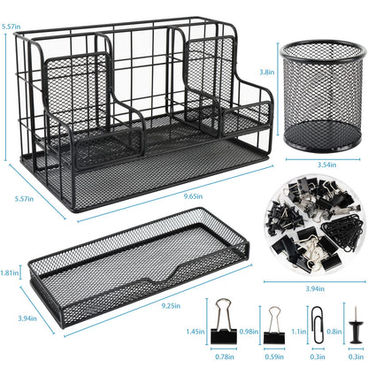 BCCICE Desk Organizers Caddy and Accessories with 7 Compartments + Pen Holder / 72 Clips Set, Drawer, Black Mesh Office Supplies Desktop Organizer for Home, Office Ect