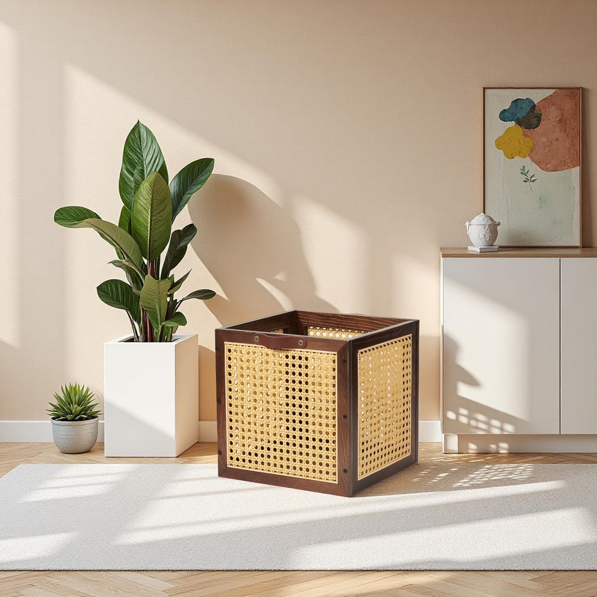 VinneGenzz 2PCS Rattan Storage Cubes Wooden Storage Baskets Boxes Decorative Natural Handmade Bohemian Solid Wood Woven Wicker Cane Bin Closet Shelf Clothes Organizer Books Magazine Holder (Walnut)