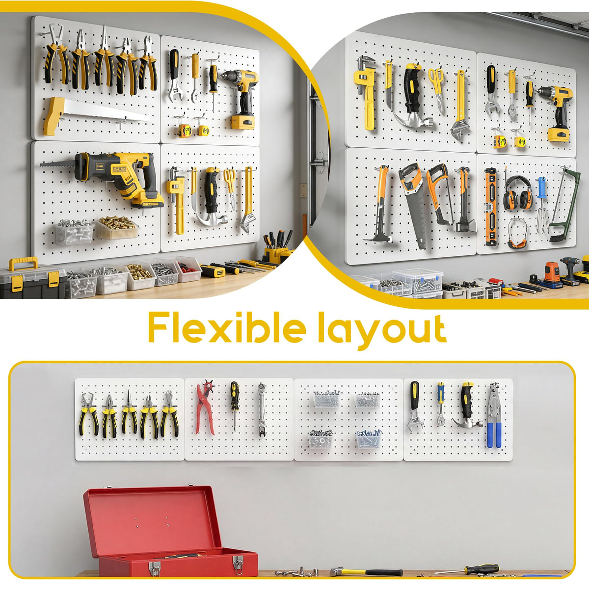 PHX Grove Peg Board for Tools, 4 Pack Metal Pegboard Wall Organizer with Hooks,12"×16" White Pegboard Panels for Walls Home, Garage Tool Storage, Kitchen, Office Organization, Craft Room