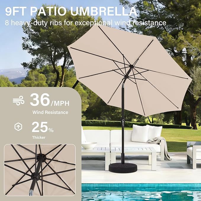 MEWAY 9ft Patio Umbrella Outdoor Table Umbrellas with Push Button Tilt and Crank, Market Umbrella 8 Sturdy Ribs for Deck, Garden, Pool and Backyard, Beige