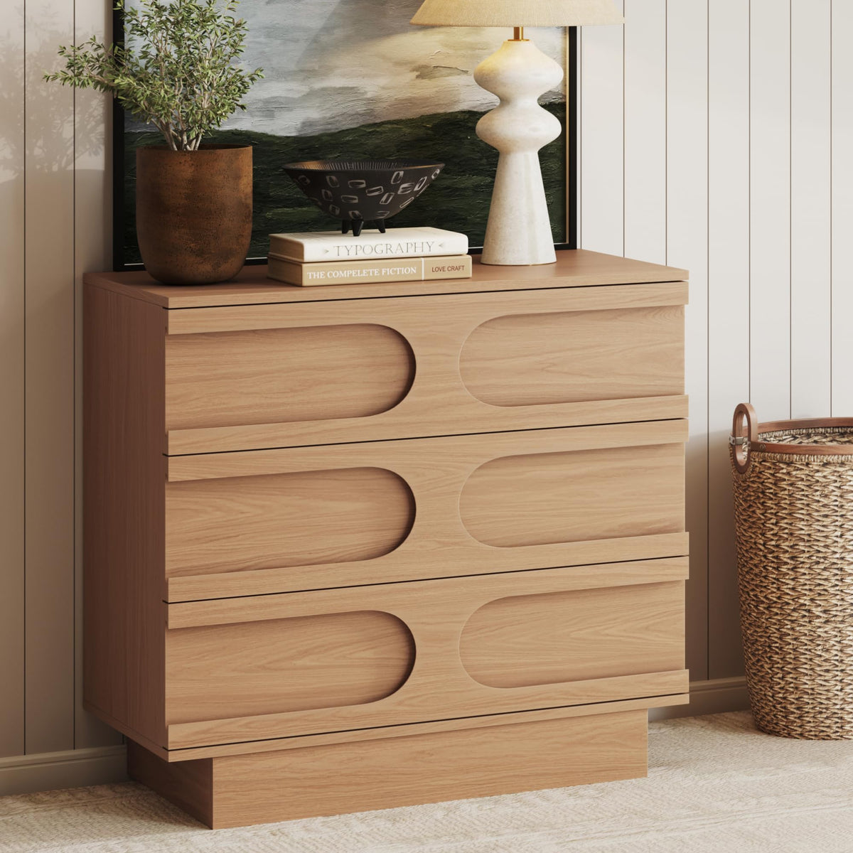 Nathan James Iris 3 Drawer Dresser, Mid-Century Modern Solid Wood Dresser for Bedroom, Raw Oak