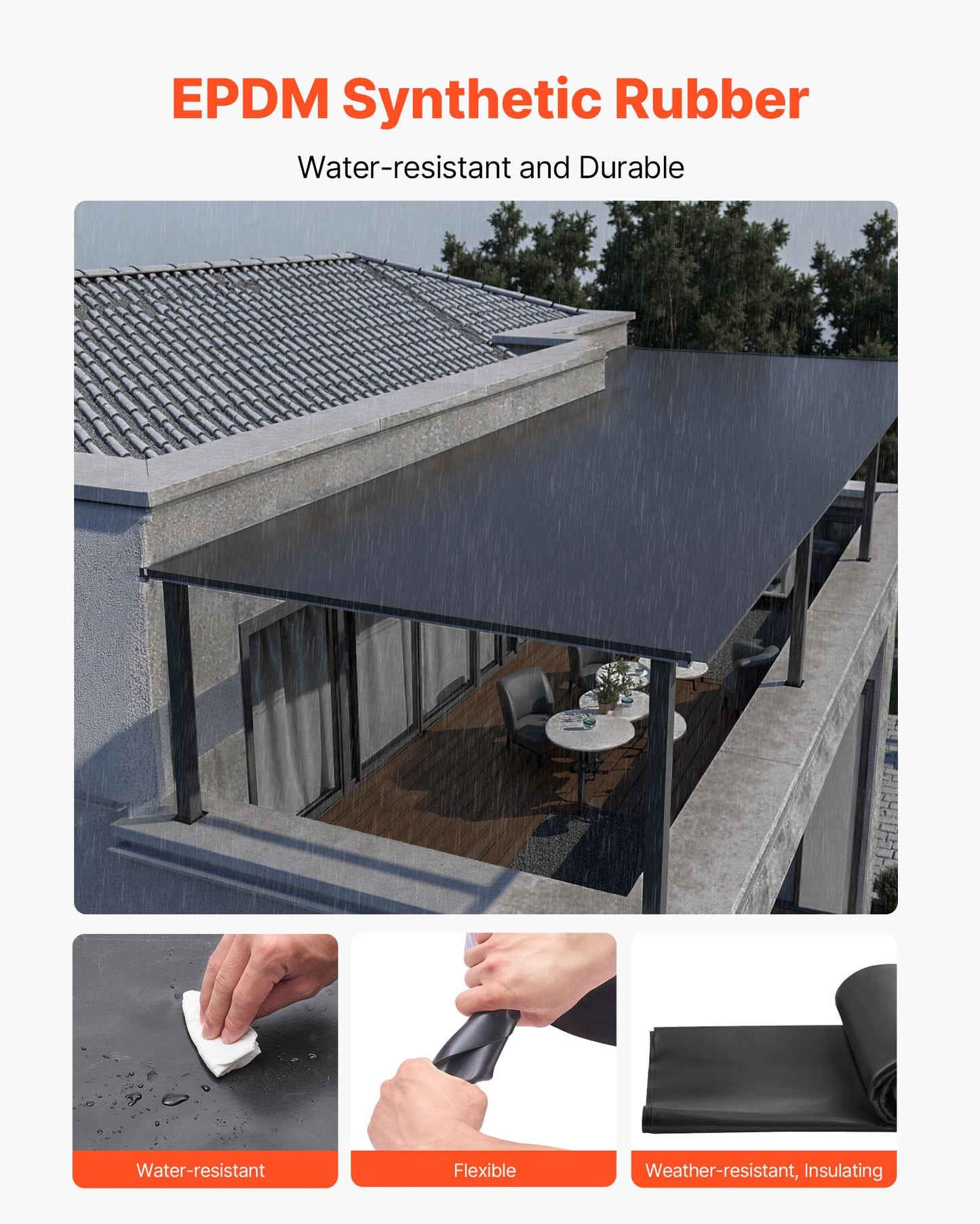 VEVOR Roll Roofing, 10 x 15 ft, 45 mil EPDM Rubber Roofing, Long Lifespan & Weather-Resistant, Withstands Harsh Temperatures, Flexible & Easy Installation, Roof Underlayment for RVs, Roofs, Ponds