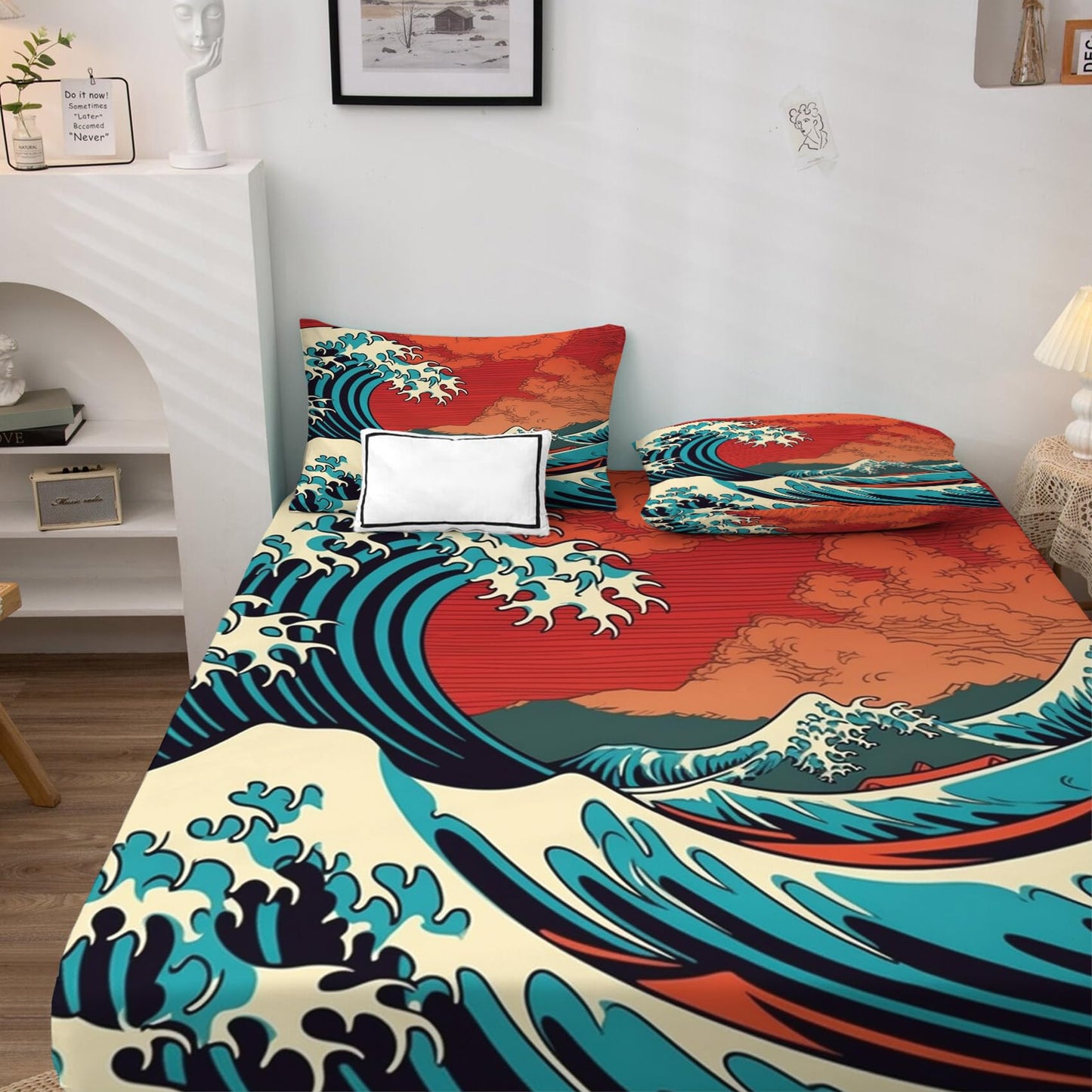 Japanese Wave Sheets King Sheet Sets - Hokusai Bed Sheets, Soft Microfiber & Deep Pocket & Wrinkle Free Patterned Bedding Sheets & Pillowcases, 4 Piece ( 1 Fitted Sheet, 1 Flat Sheet, 2 Pillow Cases )
