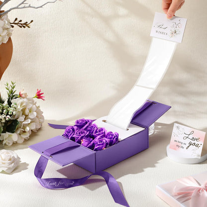 Resholder Money Pull Box for Cash Gift Mother's Day Money Pull out Gifts with 8 Rose 2 Greeting Card 1 Light String for Mom Husband Wife Birthday Anniversary Christmas(Purple)