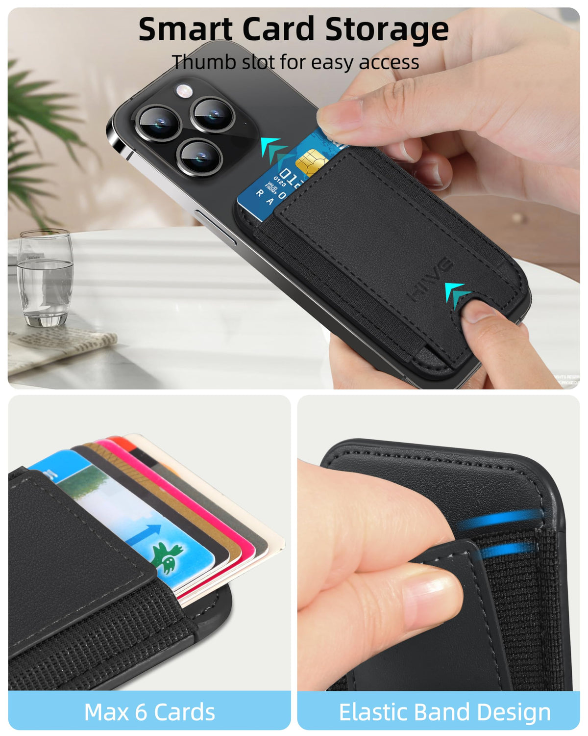 HiWe for MagSafe Wallet, Stronger Magnetic Wallet for iPhone 17/16/15/14/13/12 Series, 7 Cards Holder for Magnetic Phone Case, N52+ Magnets, RFID Vegan Leather Minimalist Slim, 1 Slot, Black & Black