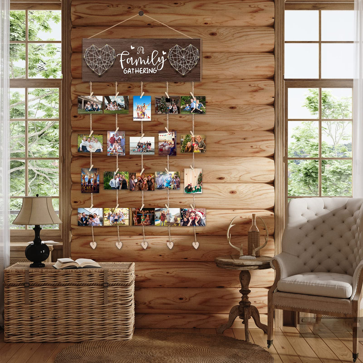 Picture Frames Collage Wall Decor, Rustic Wooden Hanging Photo Display with Clips - Holds 20 4x6 Pictures - Photo Holder for Home Decor, Gift Ideas, Family Memories, Christmas Card Holder