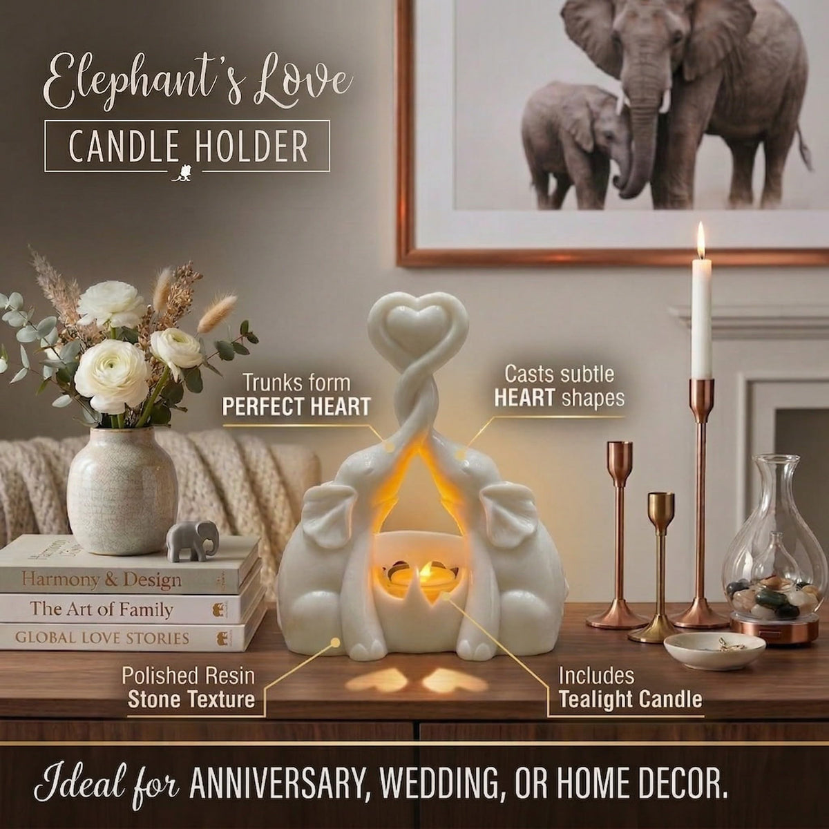 Elephant Love Candle Holder Statue - Elegant Gift Home Decor for Women Living Room or Bedroom - Flickering LED Candle Included - Ivory 14th Anniversary, Couples, Parents Valentine's Present
