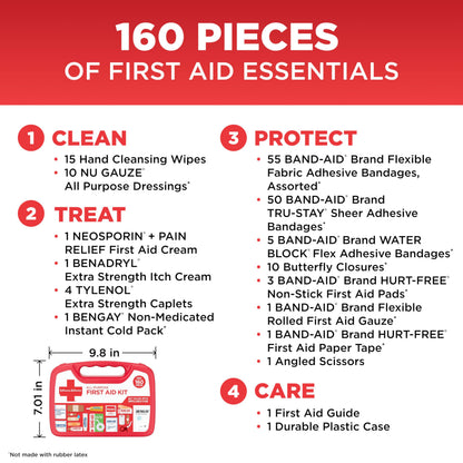 All-Purpose Portable Compact First Aid Kit for Minor Cuts, Scrapes, Sprains & Burns, Perfect for Home, Car, Travel, Camping Essentials & Outdoor Emergency Kit, 160 Piece
