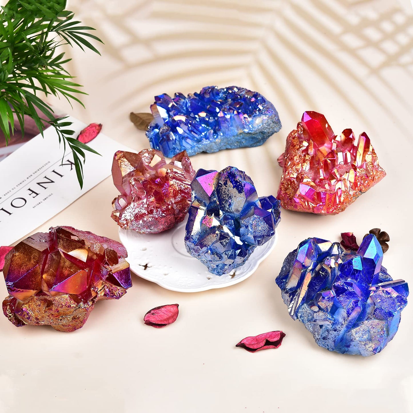 JIC Gem Real Natural Big Titanium Coated Crystal Cluster Purple Quartz Geode Druzy Home Decoration Gemstone Specimen(9-11cm)