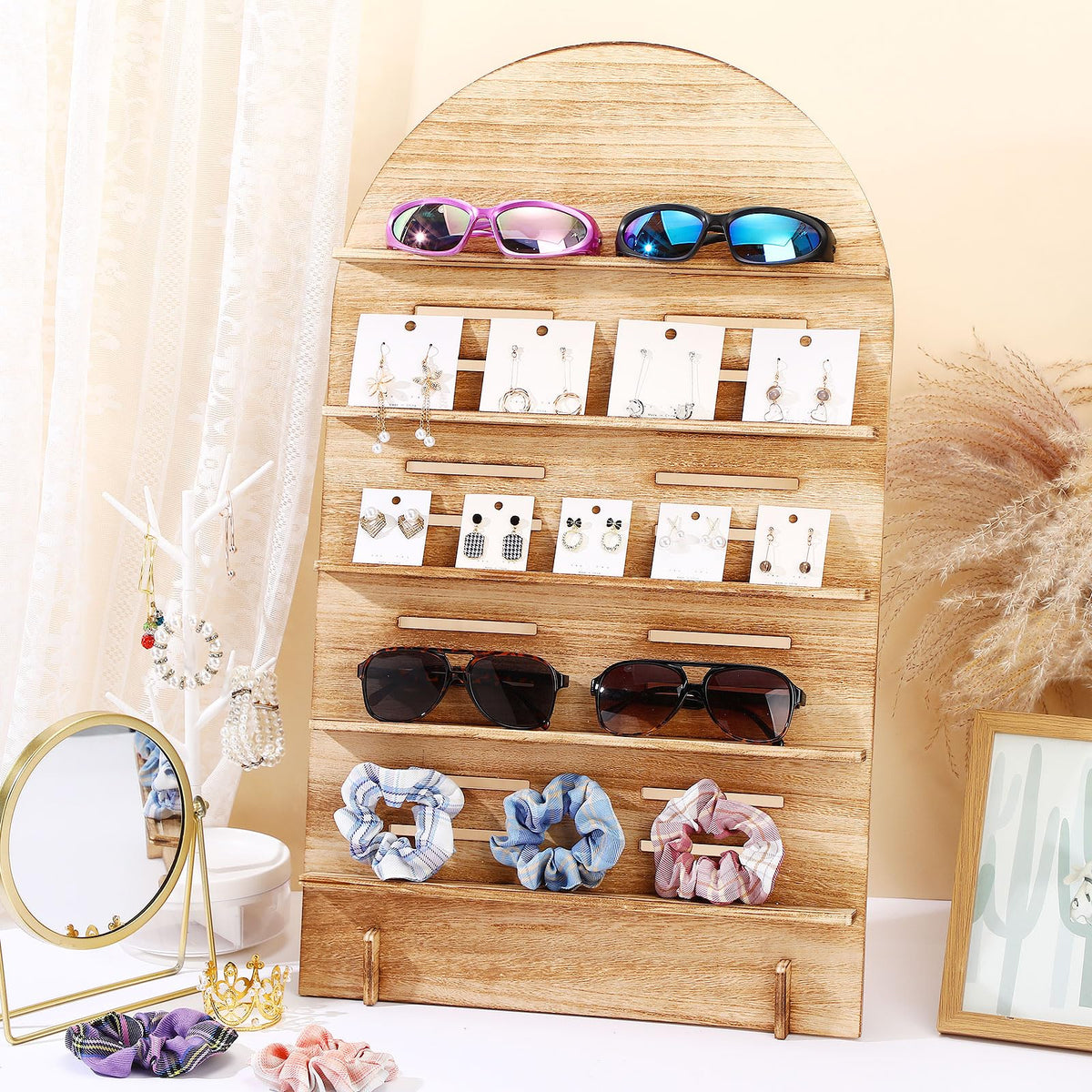 DoubleFill 1 Pcs 5 Tier Wooden Earring Display for Vendor Arch Jewelry Display Stand Rack with Adjustable Height for Retail Selling (Brown)