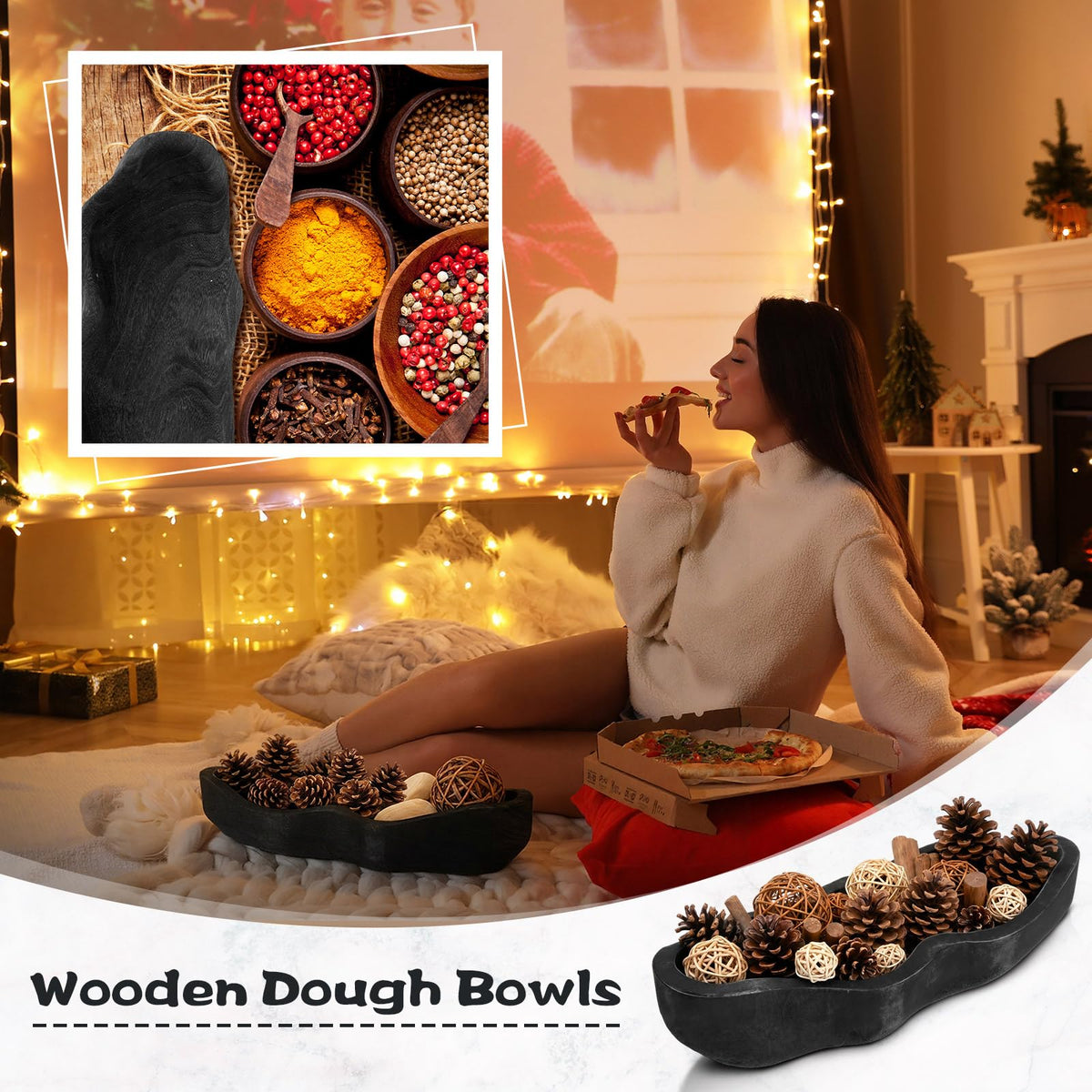 Nuogo 1 Pack 16 Inch Wavy Edge Dough Bowl Large Size Wood Rustic Dough Bowl Decorative for DIY Farmhouse Home Supplies Kitchen Decoration(Black)