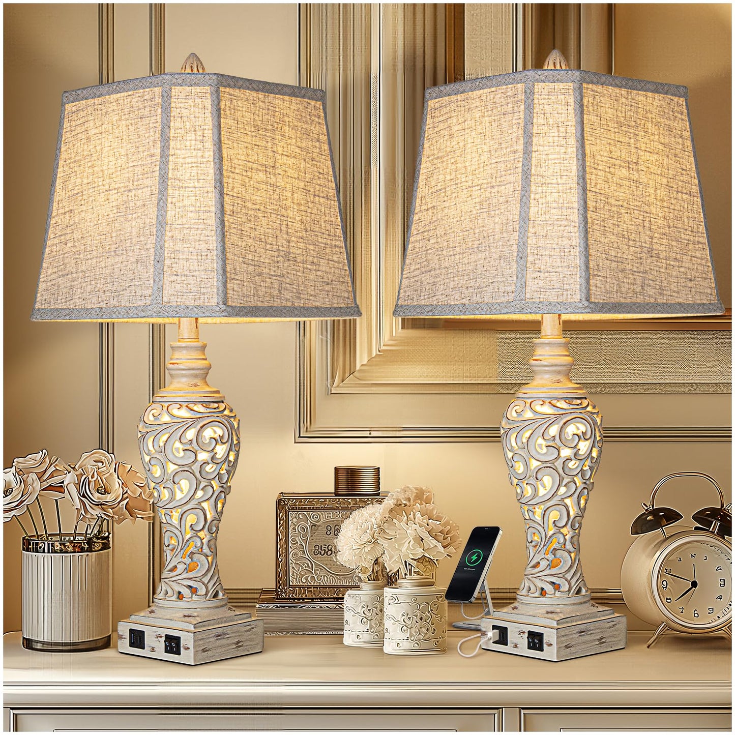 LuxSight Collection 28.5" Table Lamps Set of 2 - Bedside Lamp with Fabric Shades - for Bedroom and Living Room with USB and Nightlight - Perfect for Nightstands and Bedrooms