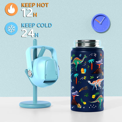 ACESAK 14oz Kids Insulated Water Bottle with Straw Lid - 18/8 Stainless Steel Kid Cup Travel Tumbler Double Wall Vacuum Leak Proof Portable Toddler Water Bottle (Game + Dinosaur)