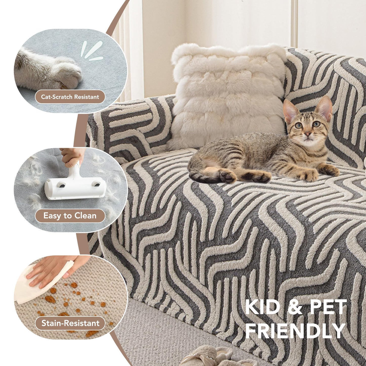 KaviKon Non Slip Couch Covers for 3 Cushion, Scratch Resistant Pet Friendly Sofa Couch Covers for Dogs, Sherpa Velvet Protectors Slipcovers, Washable Furniture Covers, 71" x 118", Geometric Wave Grey