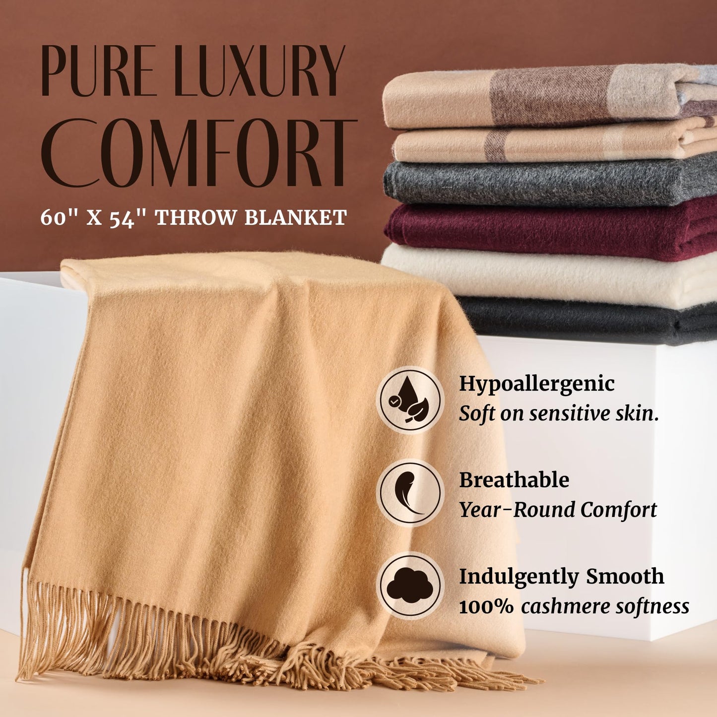 Velanio Cashmere 100% Cashmere Throw Blanket with Fringe 60 x 54 Inch Super Soft Warm for Home, Travel Sofa Bed (Camel)