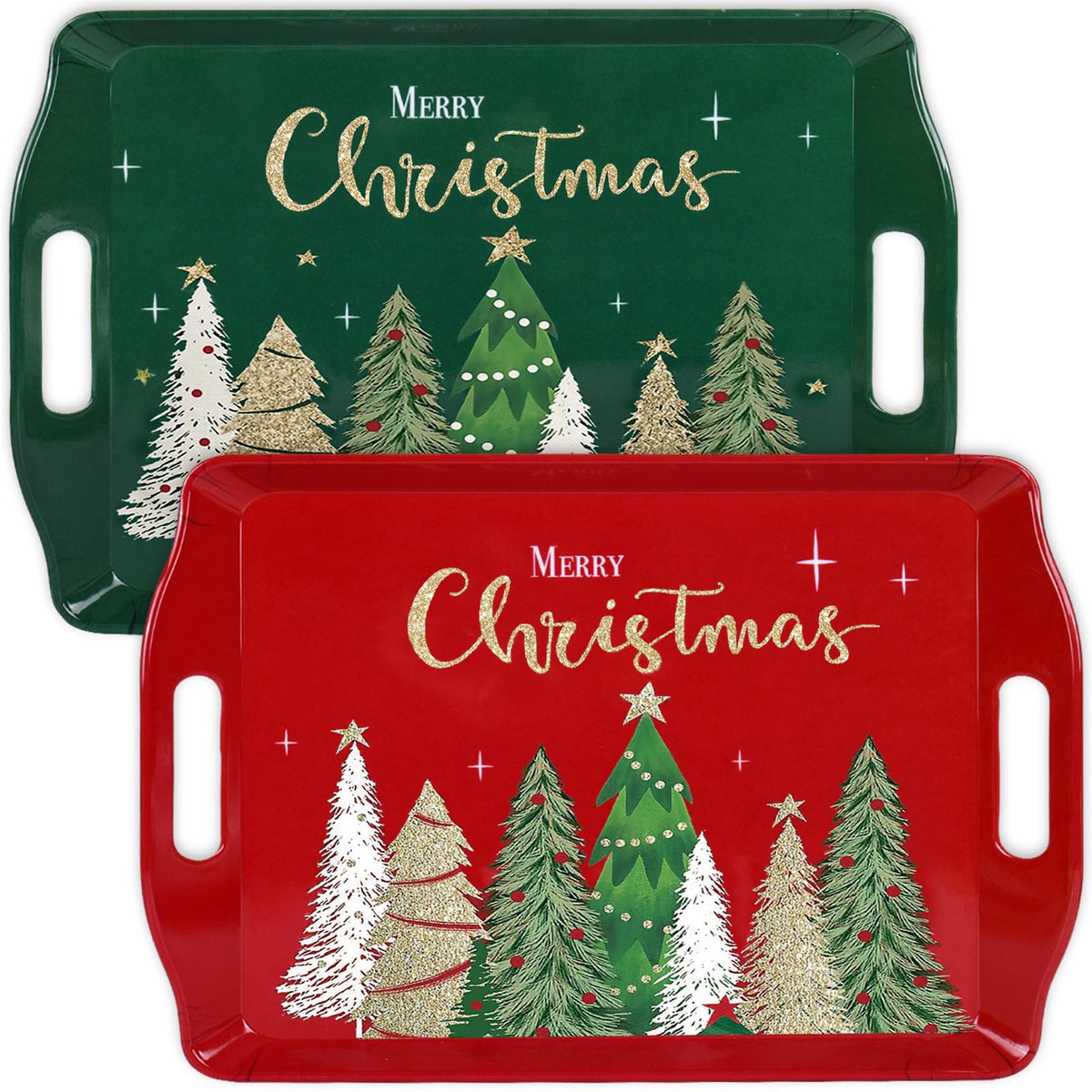 4 Pcs Merry Christmas Serving Tray Xmas Tree Handled Melamine Board Red Green Gold Serving Platter for Home Party Food Supplies