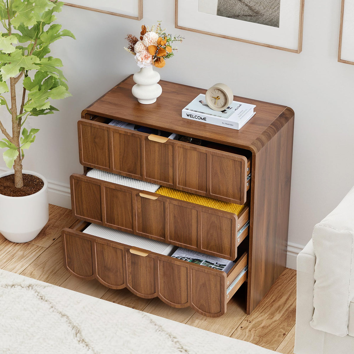 ORRD 3 Drawer Dresser for Bedroom, Modern Closet Chest of Drawers with Wave Fluted Drawer, Wood Storage Small Dresser Organizer for Nursery Bedroom Living Room Hallway Closet (Walnut)