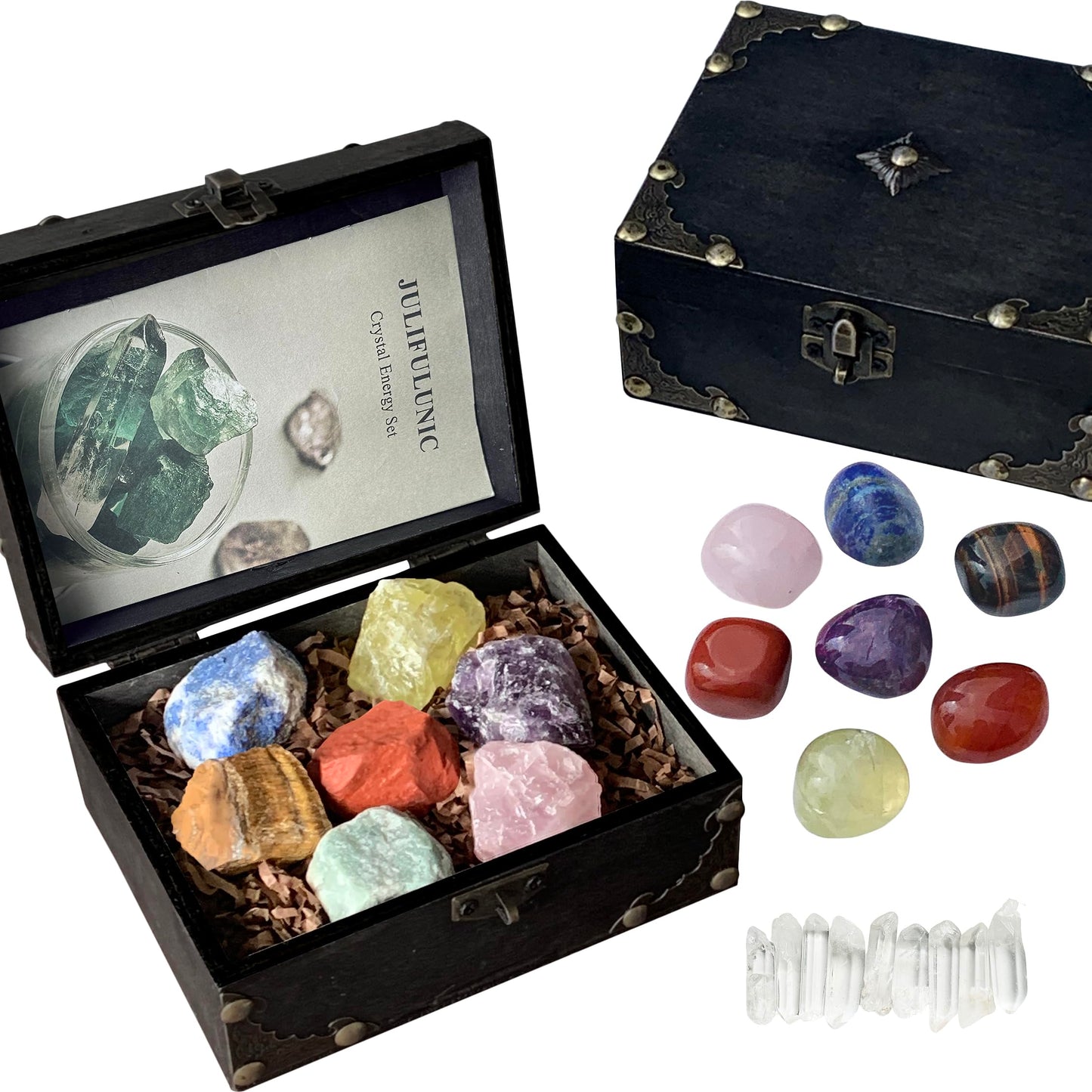 Juliful Unic 23-Piece Crystal Healing Set with 7 Raw & 7 Polished Stones 9 White Quartz Authentic Brazil & Uruguay Crystals in Wooden Box Complete Chakra Kit with Guide for Meditation Reiki Gift