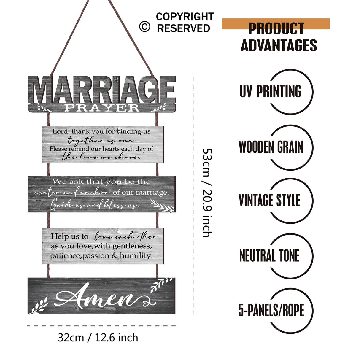 Buecasa Marriage Rustic Sign with 5pcs Panels Strung Together - Bridal Shower Gift for Couples Wife Husband - Christian Religious Inspiring Home Decor Newlywed