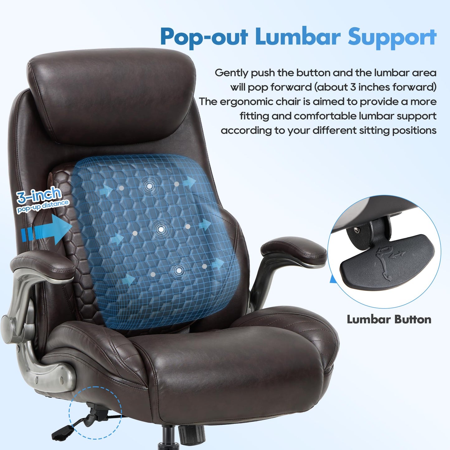 COLAMY Office Chair Ergonomic Desk High Back Executive Chair with Pop-Out Lumbar Support, Upgraded Casters, Adjustable Headrest, Flip-Up Arms, Leather Home with Thick Cushion for Comfort - Brown