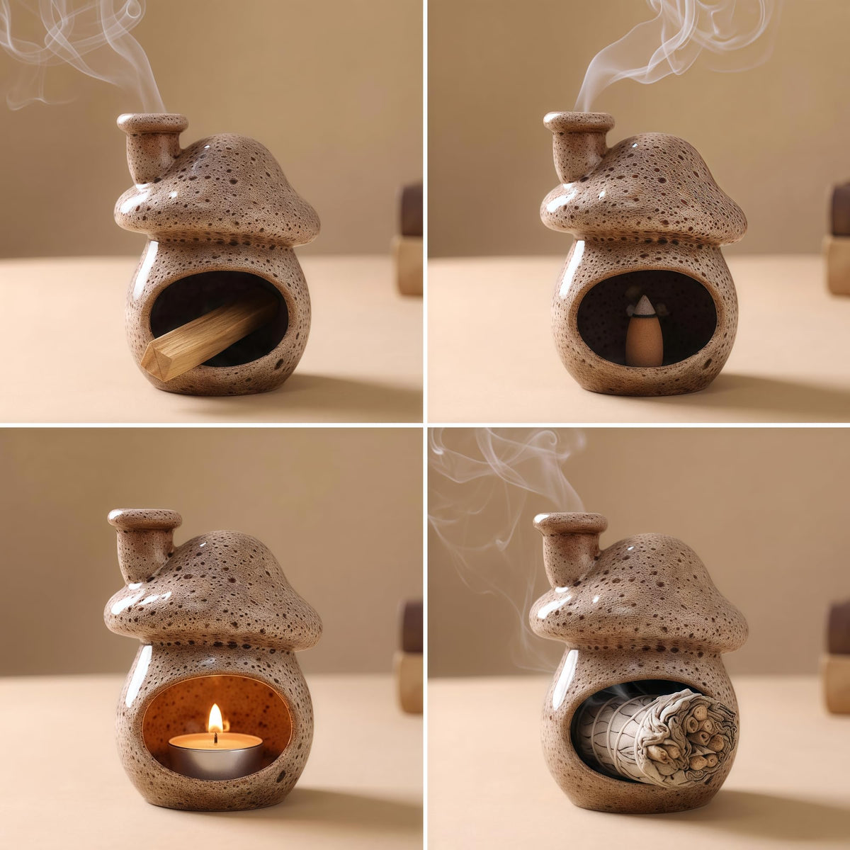 Zynzthos Mushroom Incense Holder, Ceramic Palo Santo Holder – Suitable for Burning Sage & Palo Santo - Mini Chimenea-Style Burner, an Incense Burner for Spiritual Meditation, Yoga or Home Decoration